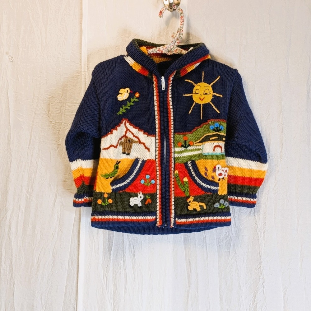 Peruvian Hand Knit Folk Art Hooded Zip Jacket Sweater 4 Amazing Details!